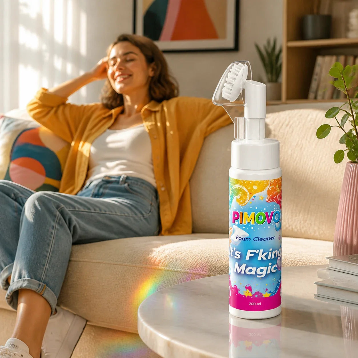 PIMOVO Magic Foam -pullo valoisassa olohuoneessa vaalean sohvan edessä