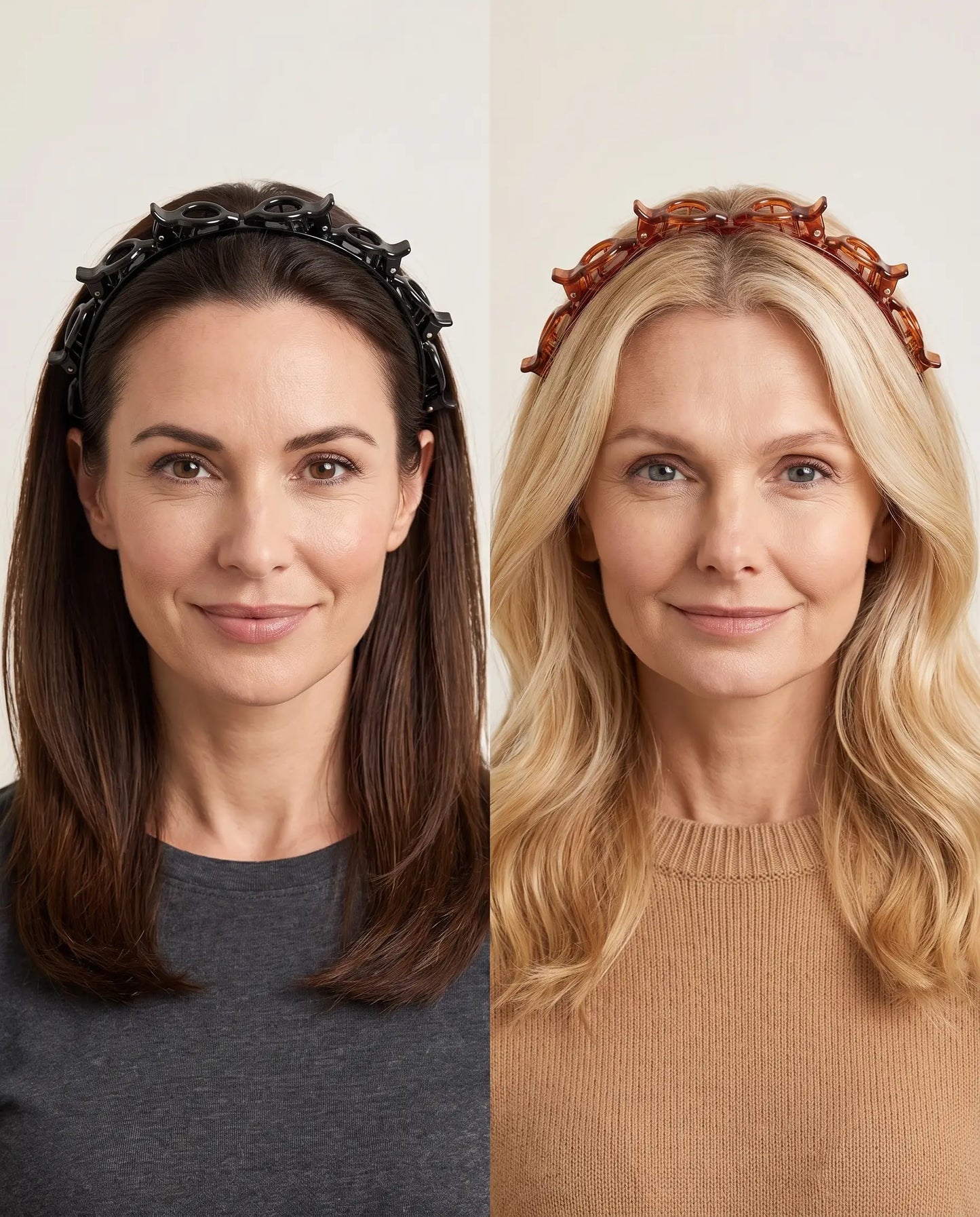 Black and tortoiseshell-brown PIMOVO ClipStyle headbands in two hairstyles