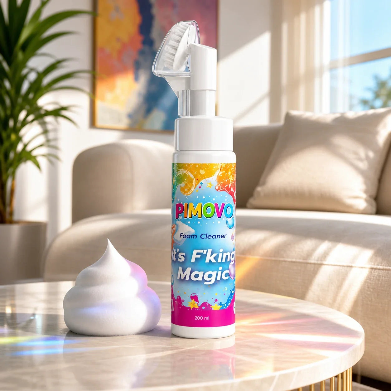 PIMOVO Magic Foam 200 ml -pullo värikkäällä etiketillä vaalean sohvan edessä