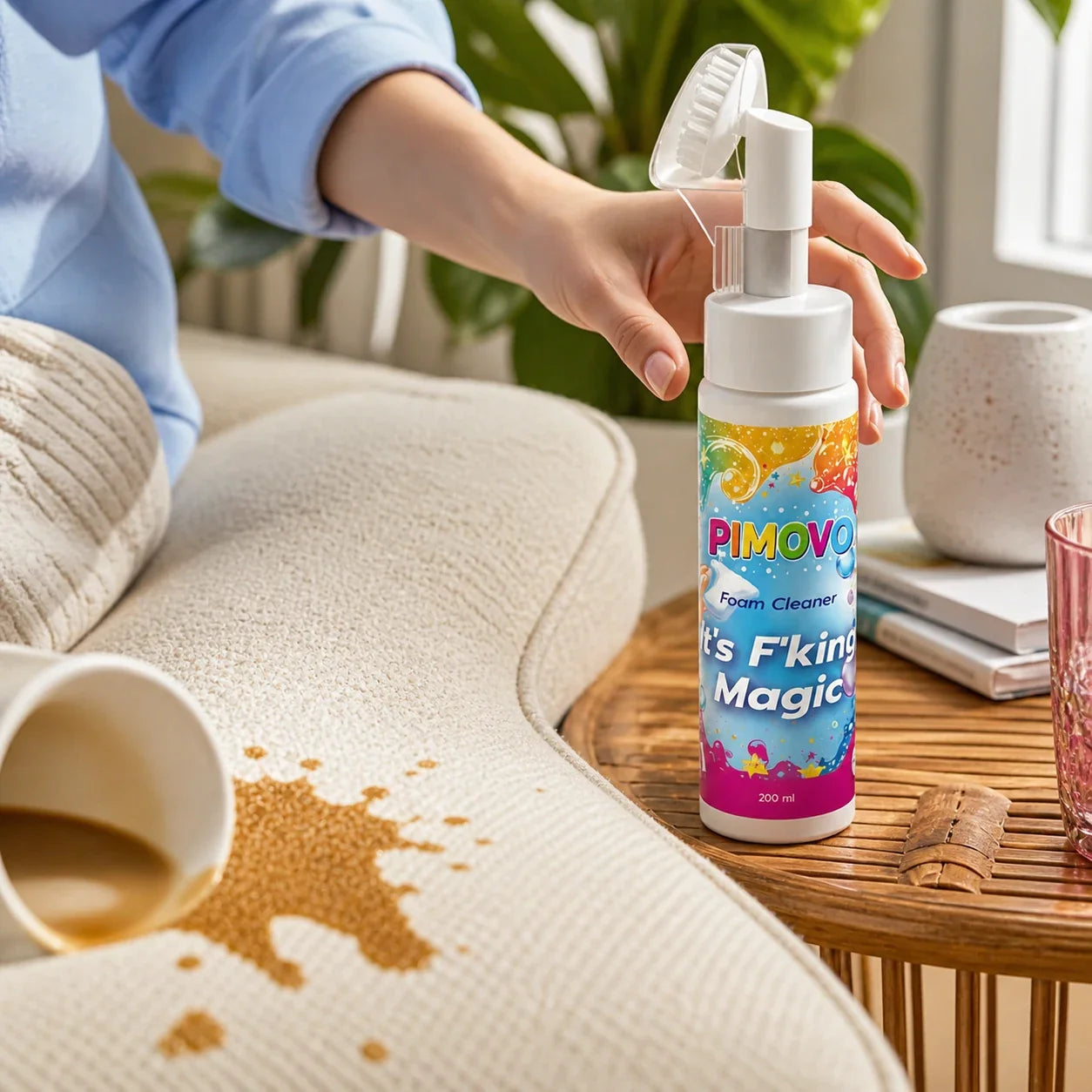 Kahviroiske vaalealla sohvakankaalla ja PIMOVO Magic Foam -pullo käden ulottuvilla
