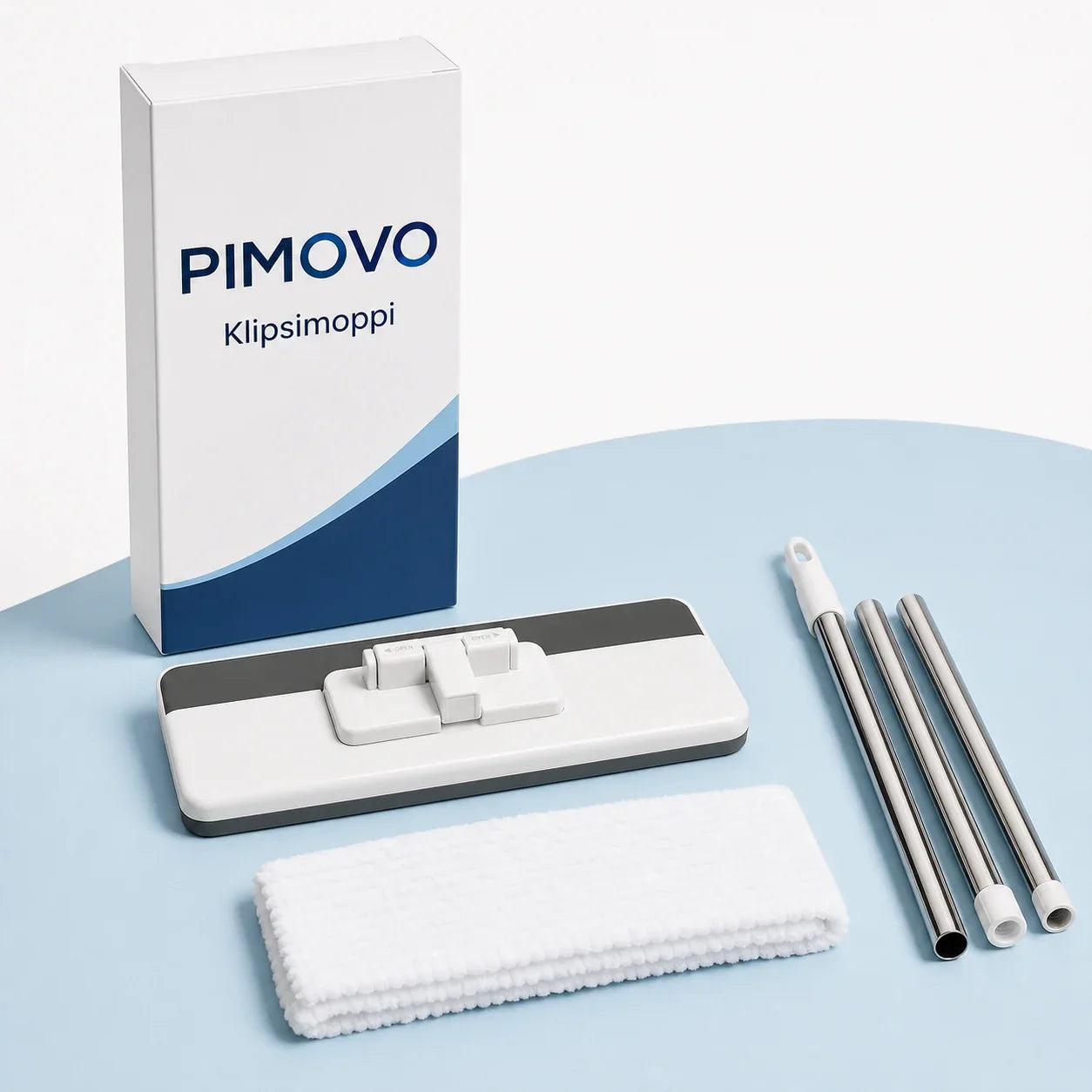 PIMOVO Klipsimoppi, osista koottava teräsvarsi, pestävä liina ja tuotepakkaus