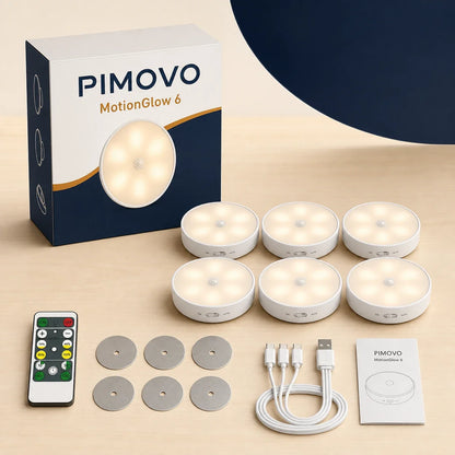 PIMOVO MotionGlow 6 -pakkaus, kuusi valoa, kaukosäädin, metallilevyt, latauskaapeli ja käyttöohje