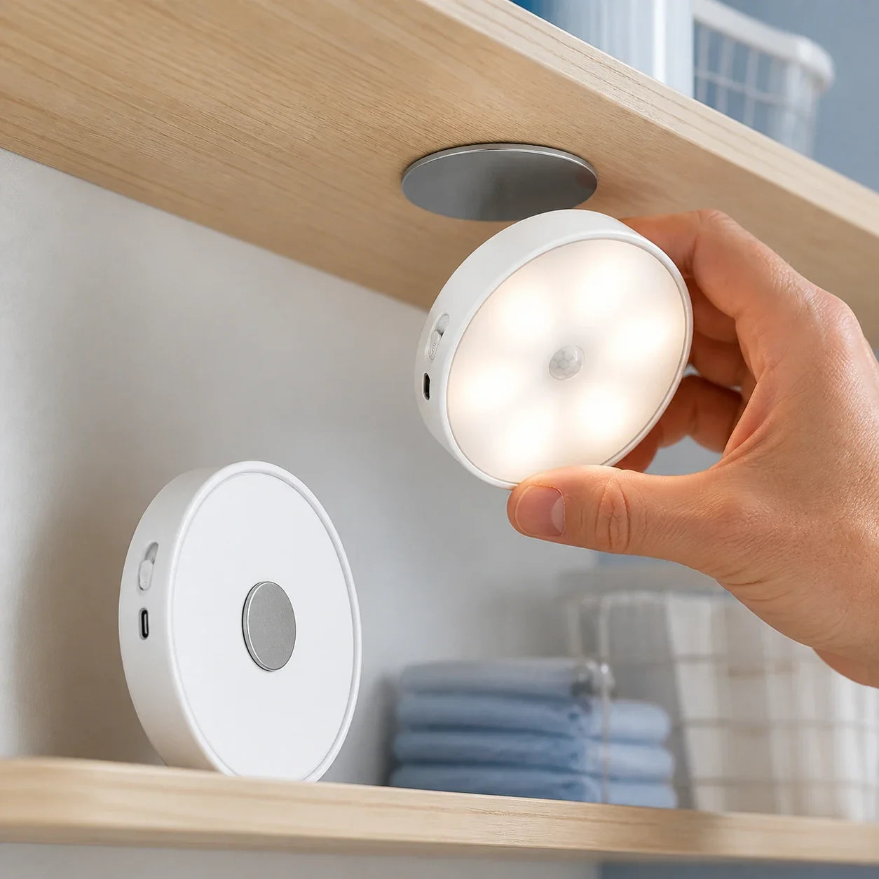 PIMOVO MotionGlow -valo kiinnitetään magneettisesti metallilevylle