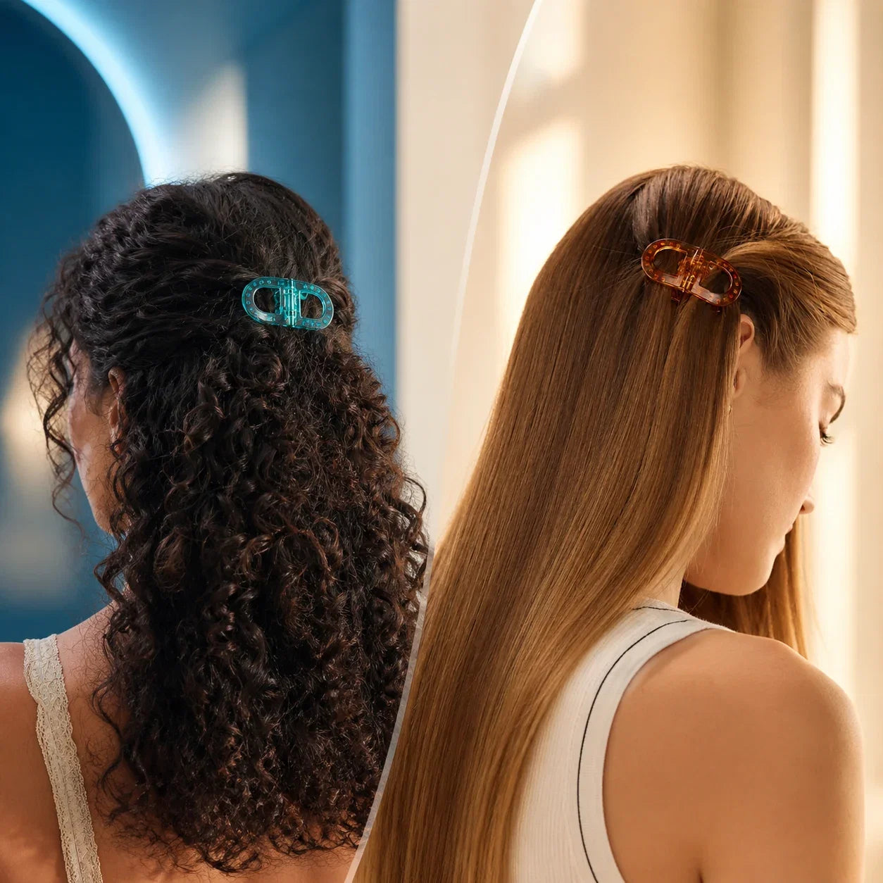 Turquoise en bruine MagniClip Duo in twee kapsels