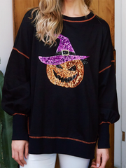 Naisten paljettinen kurpitsavelho Halloween-collegepaita