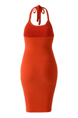 Selästä avoin laskostettu kaulushihnallinen minimekko, jossa sisäänrakennettu muotoiluvaate
