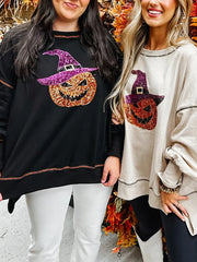 Naisten paljettinen kurpitsavelho Halloween-collegepaita