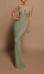 Stunning Green Sequin Halter Maxi Dress