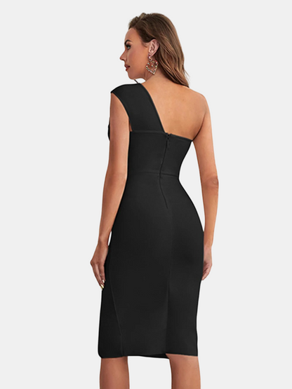 Elegant One-Shoulder Black Midi Dress