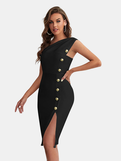 Elegant One-Shoulder Black Midi Dress