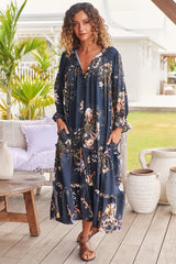 Beth Indigo Frill-kauluksellinen midimekko