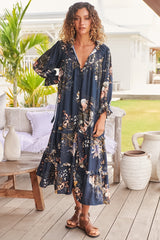 Beth Indigo Frill-kauluksellinen midimekko