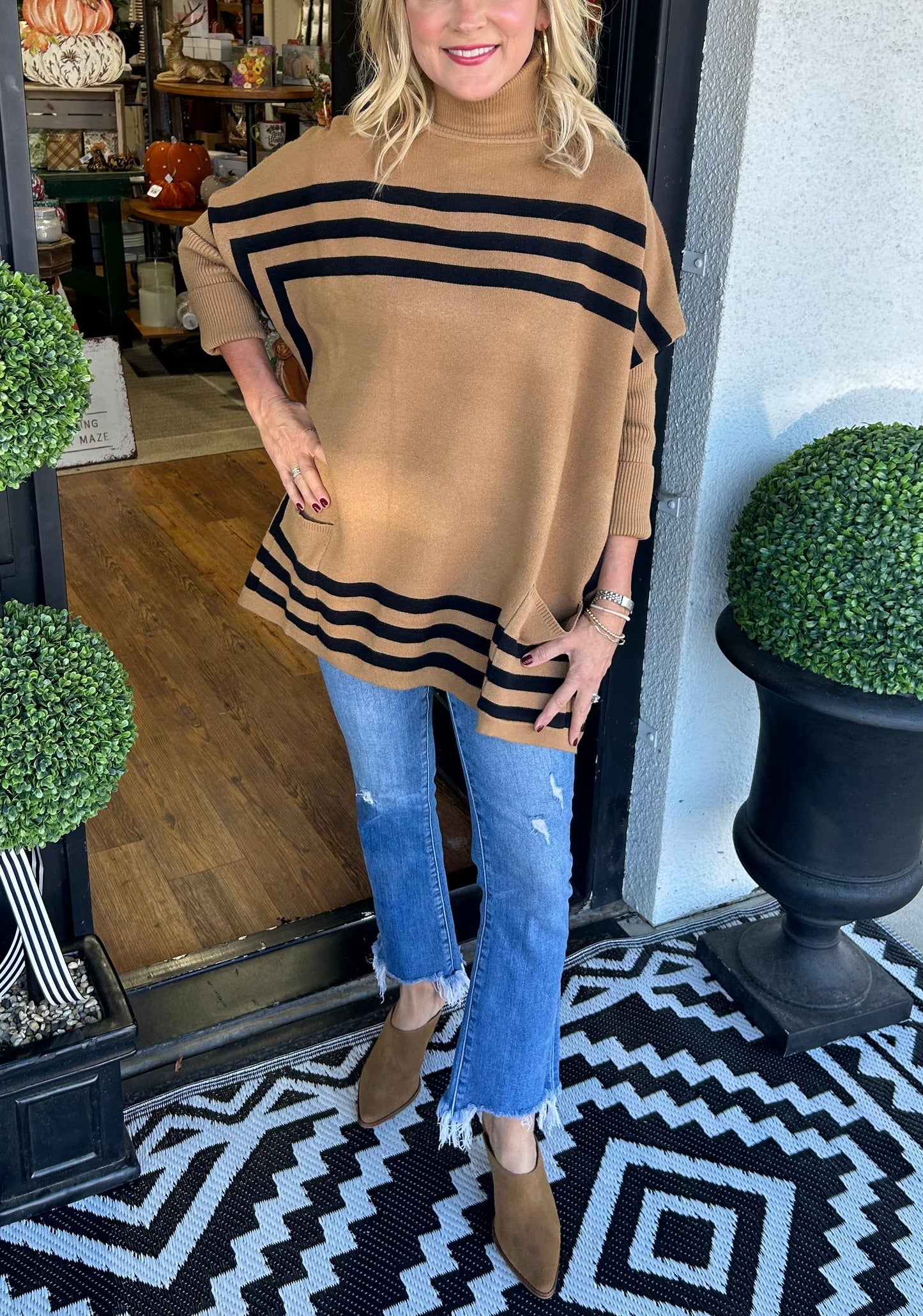 Women's High Neck Bat Sleeve Striped Sweater