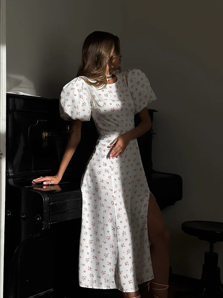 Floral Printed Puff Sleeves Dress