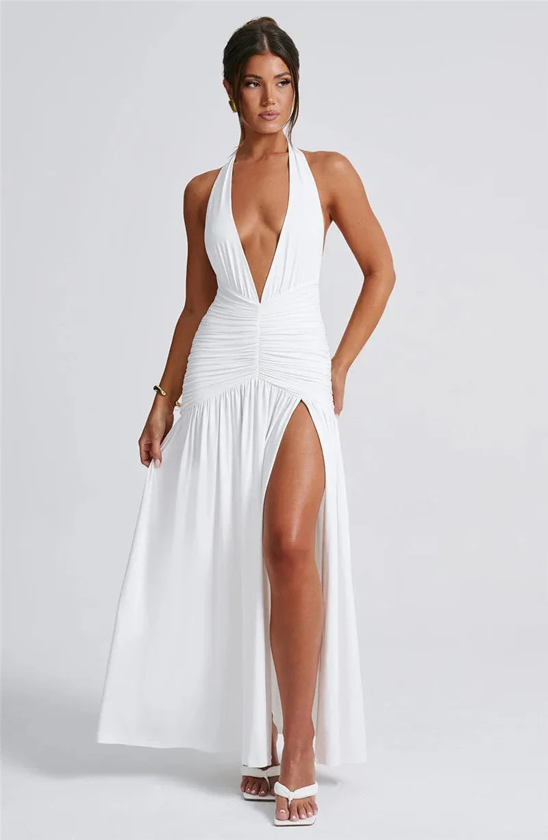 Elegant Deep V Neck Halter Maxi Dress