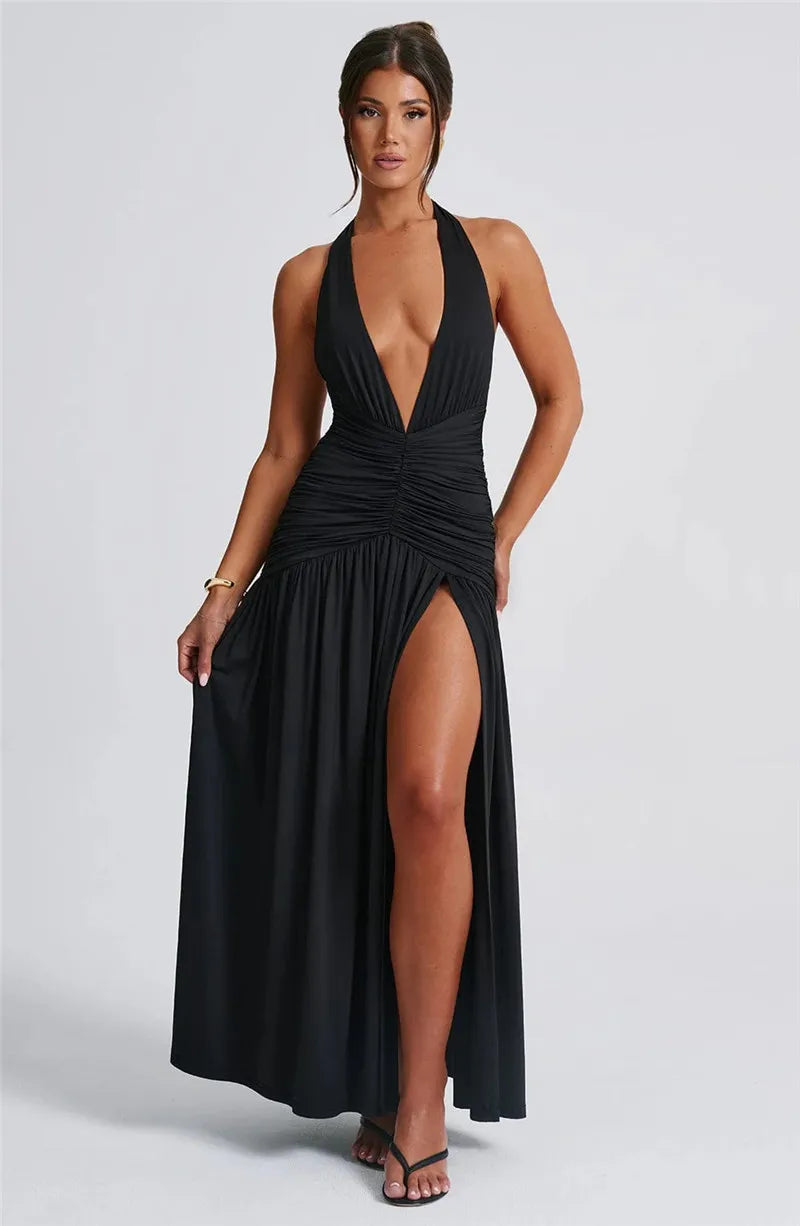 Elegant Deep V Neck Halter Maxi Dress