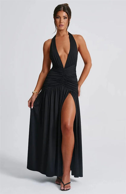 Elegant Deep V Neck Halter Maxi Dress