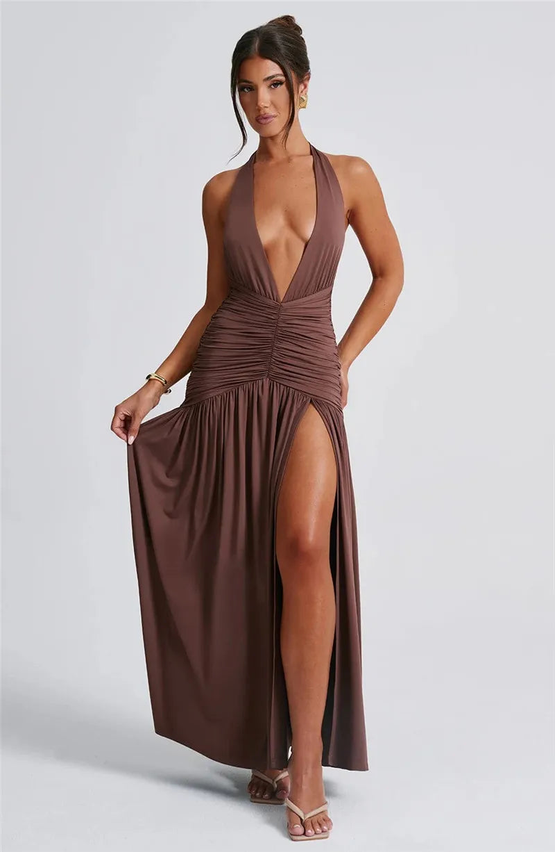 Elegant Deep V Neck Halter Maxi Dress