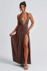 Elegant Deep V Neck Halter Maxi Dress