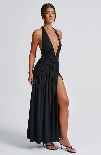 Elegant Deep V Neck Halter Maxi Dress