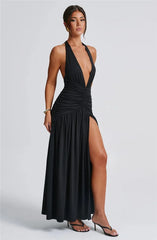 Elegant Deep V Neck Halter Maxi Dress