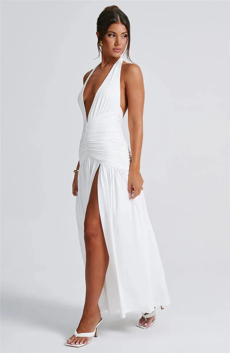 Elegant Deep V Neck Halter Maxi Dress