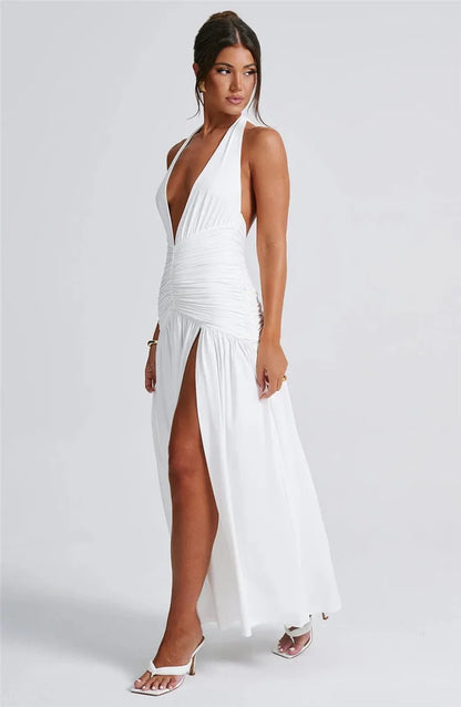 Elegant Deep V Neck Halter Maxi Dress