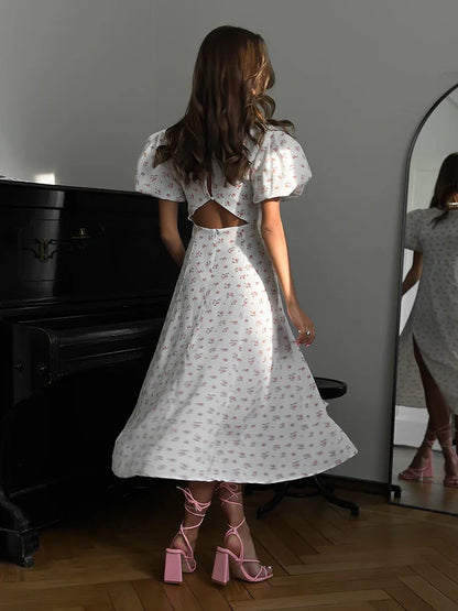 Floral Printed Puff Sleeves Dress