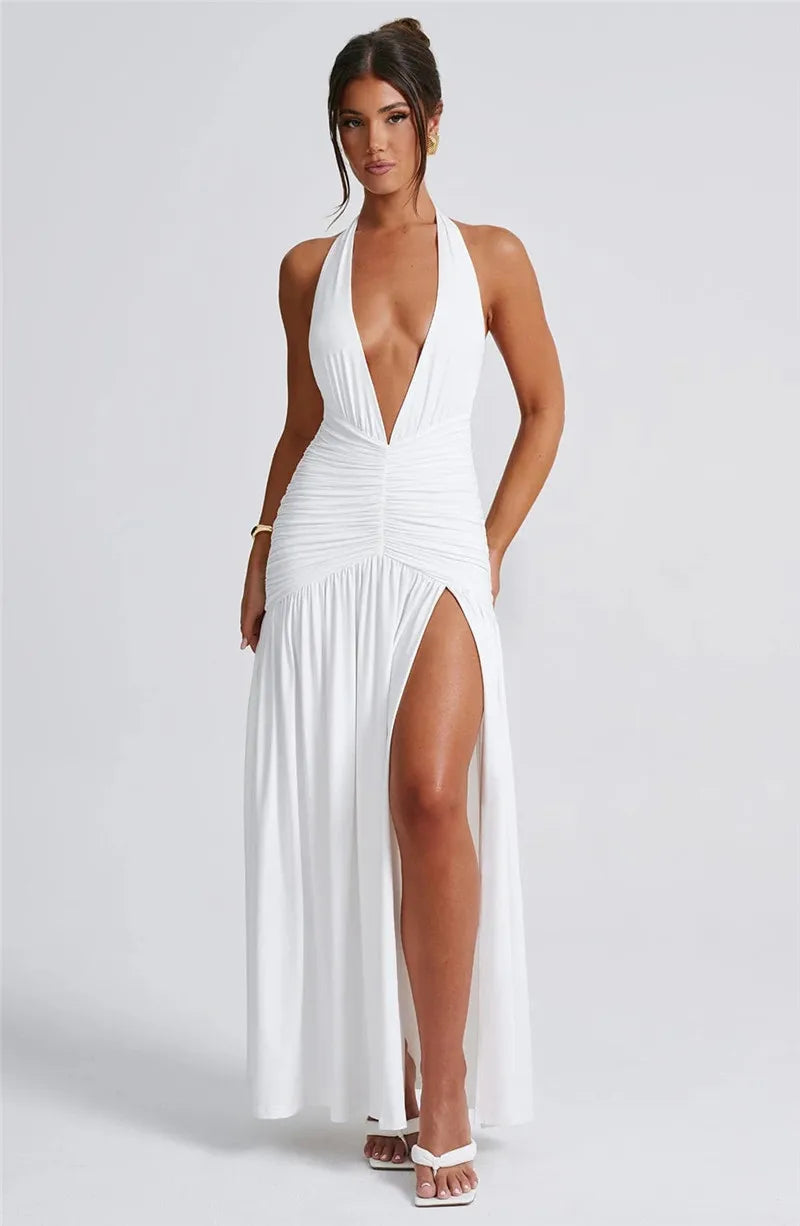 Elegant Deep V Neck Halter Maxi Dress