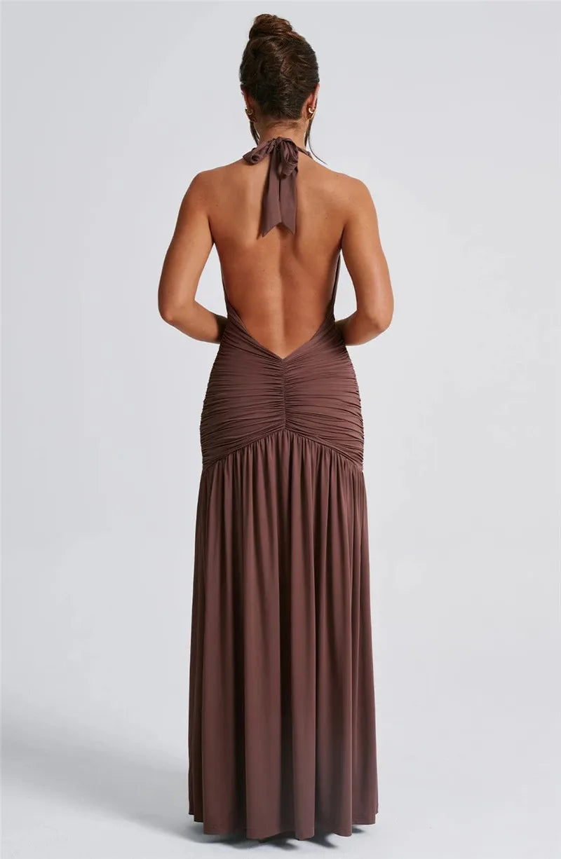 Elegant Deep V Neck Halter Maxi Dress