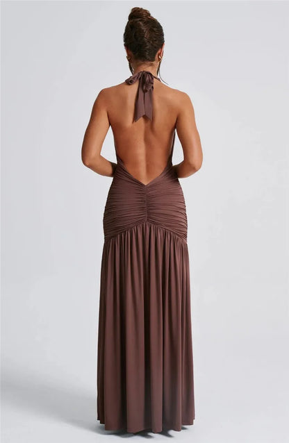 Elegant Deep V Neck Halter Maxi Dress
