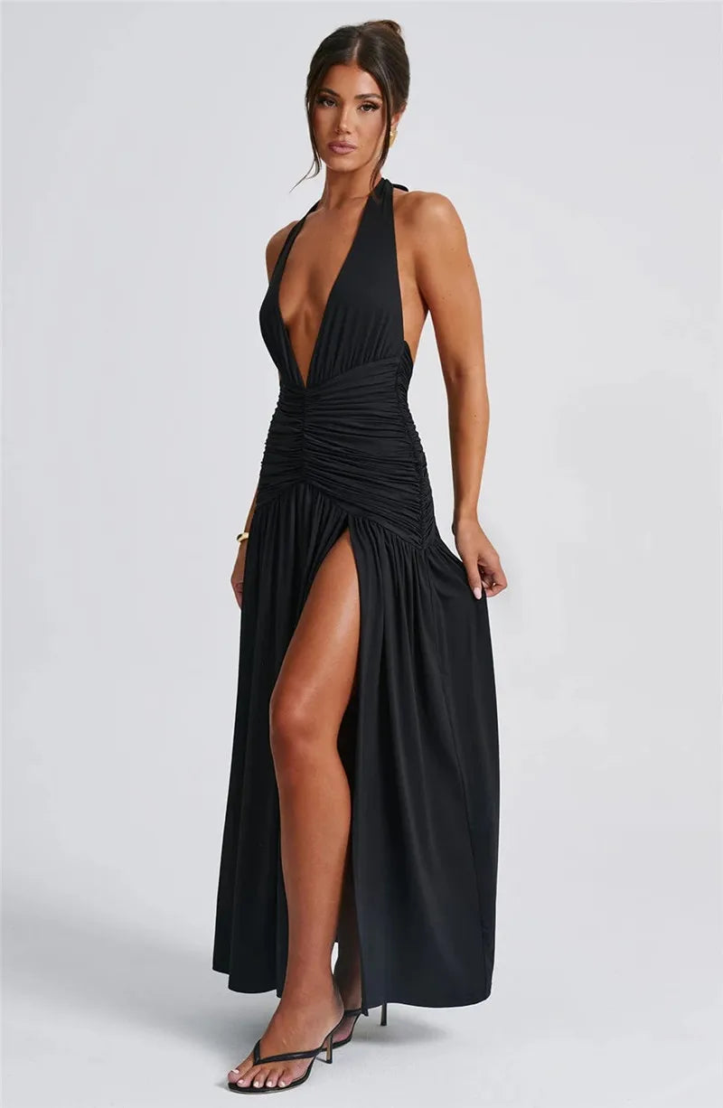 Elegant Deep V Neck Halter Maxi Dress