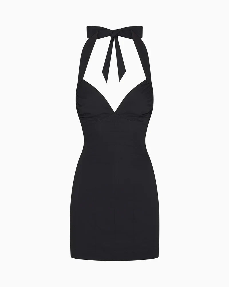 Deep V Backless Halter Mini Dress