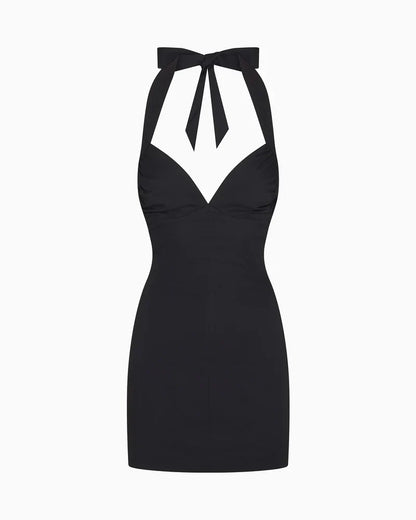 Deep V Backless Halter Mini Dress