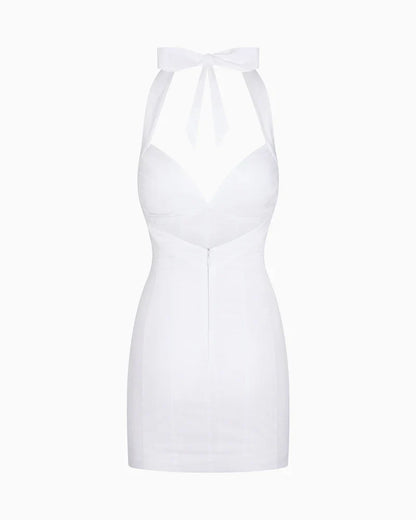 Deep V Backless Halter Mini Dress