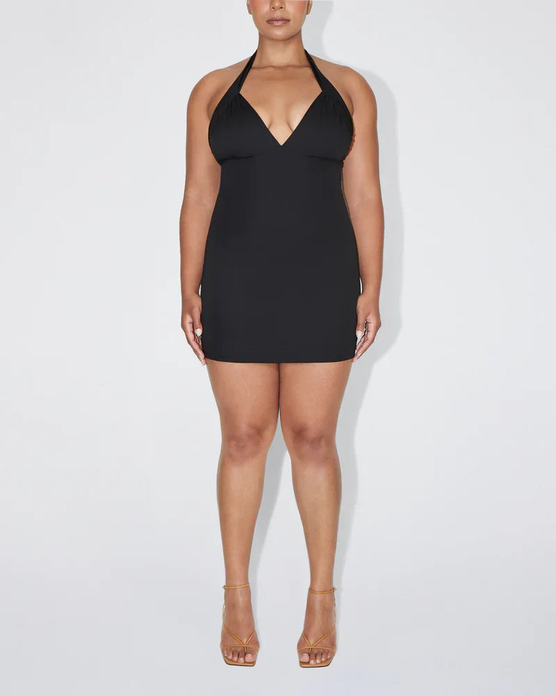 Deep V Backless Halter Mini Dress