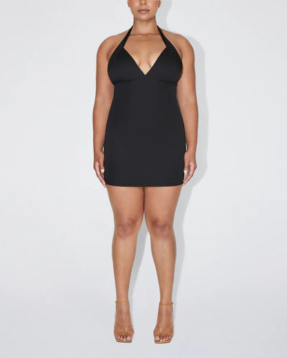 Deep V Backless Halter Mini Dress