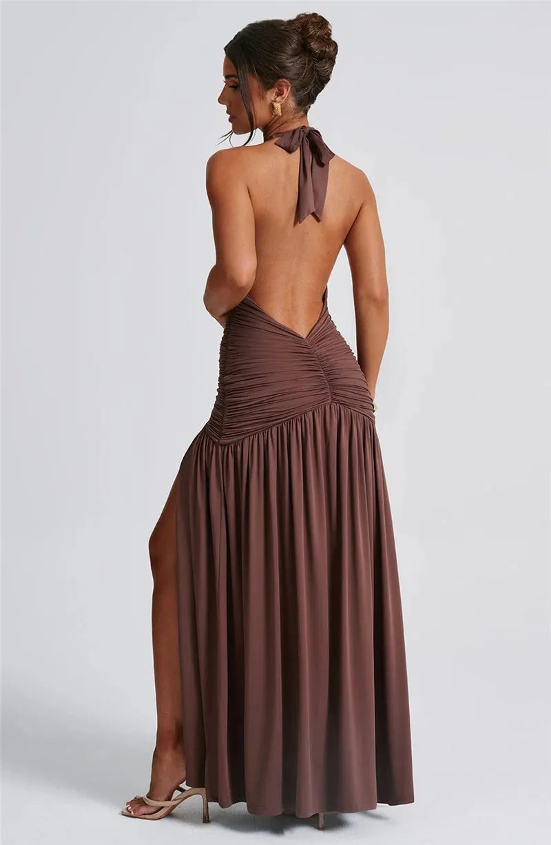 Elegant Deep V Neck Halter Maxi Dress
