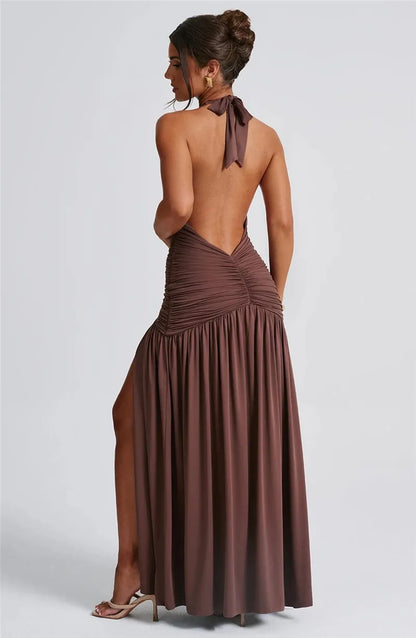 Elegant Deep V Neck Halter Maxi Dress