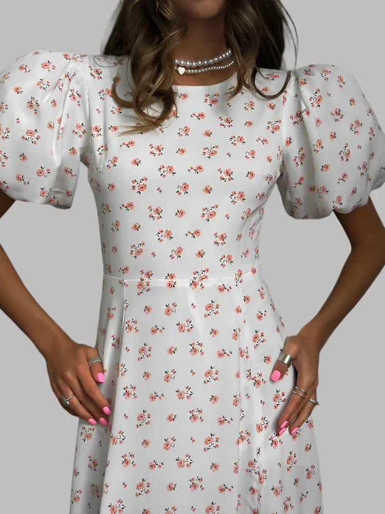 Floral Printed Puff Sleeves Dress