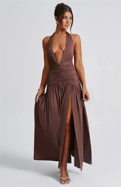 Elegant Deep V Neck Halter Maxi Dress