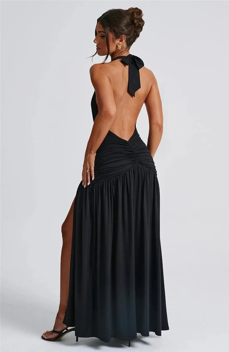 Elegant Deep V Neck Halter Maxi Dress