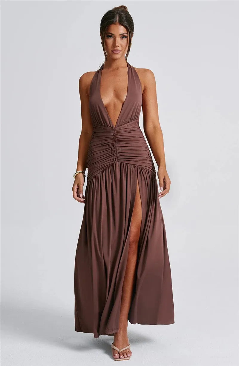 Elegant Deep V Neck Halter Maxi Dress