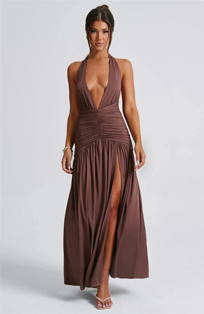Elegant Deep V Neck Halter Maxi Dress
