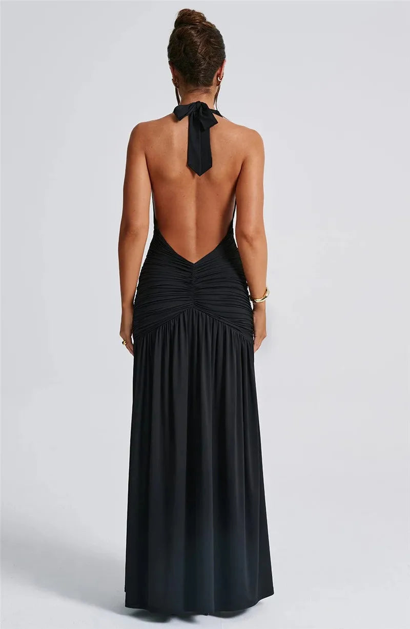 Elegant Deep V Neck Halter Maxi Dress