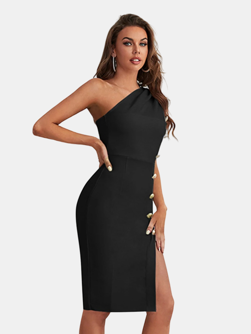 Elegant One-Shoulder Black Midi Dress