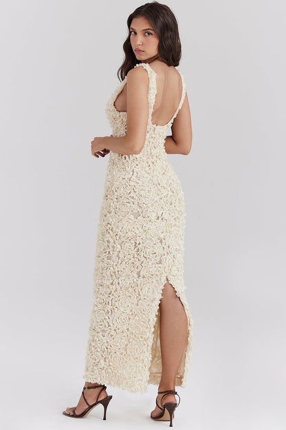 Floral Applique Backless Maxi Dress