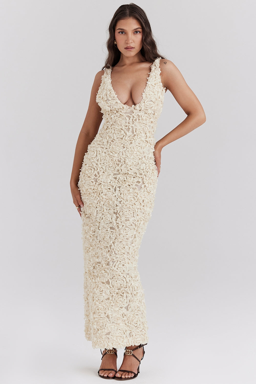 Floral Applique Backless Maxi Dress