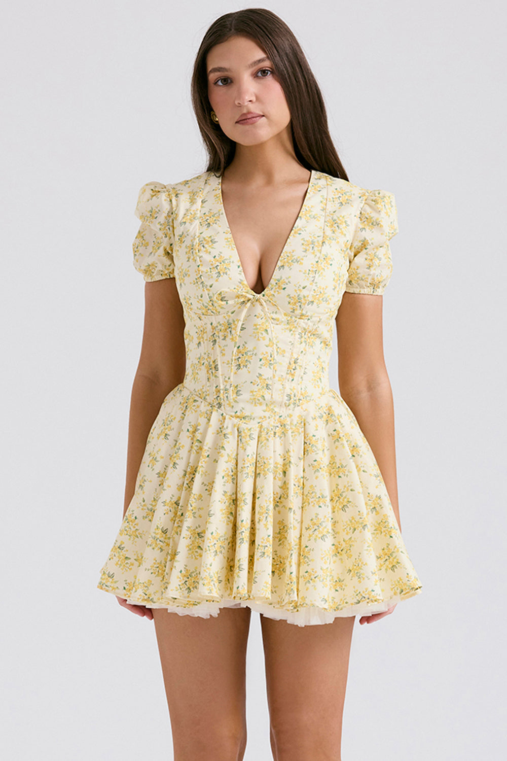Deep V-Neck Pleated Mini Dress