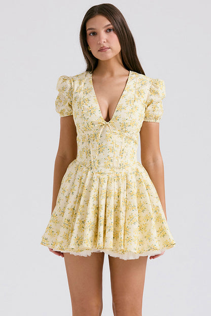 Deep V-Neck Pleated Mini Dress